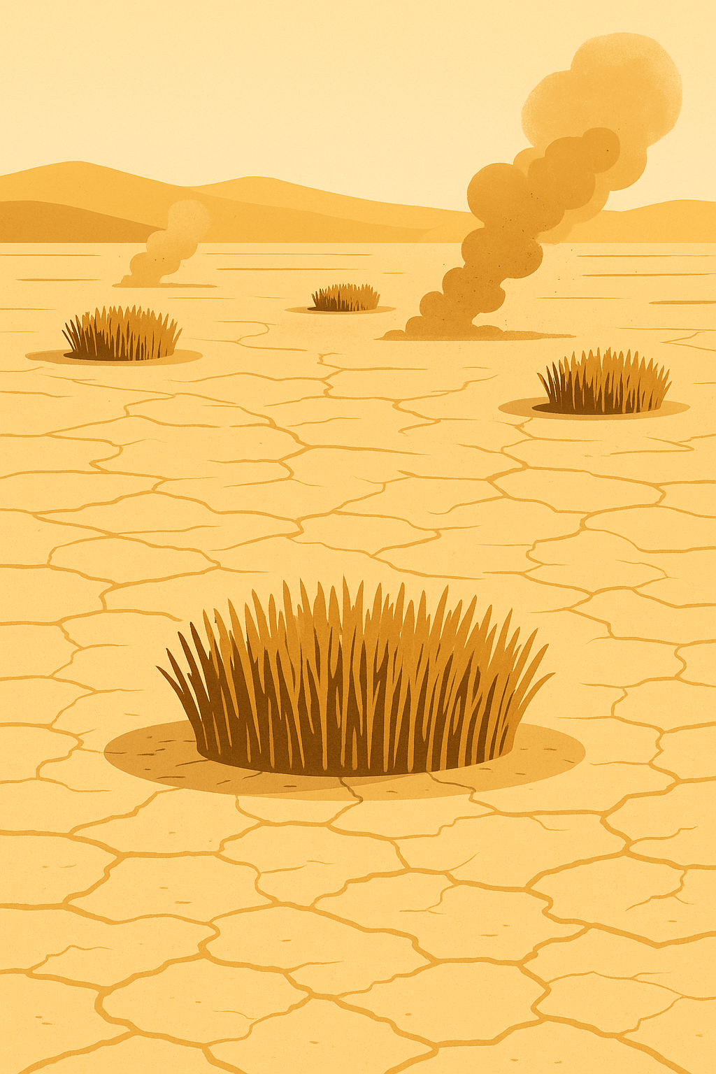 Ilustracja sekcji 1 pokazuje Dried lakebed with circular reed-covered i najwazniejsze zaleznosci tematu.