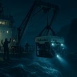 Ilustracja hero przedstawia Deep-sea research vessel at night w minimalistycznej, klarownej formie redakcyjnej.