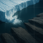 Ilustracja hero przedstawia Dramatic Antarctic glacier calving and w minimalistycznej, klarownej formie redakcyjnej.
