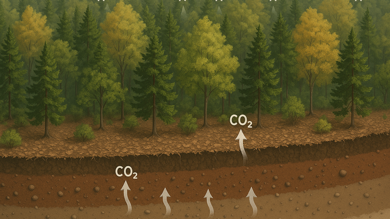 Ilustracja hero przedstawia Aerial view of mixed forest w minimalistycznej, klarownej formie redakcyjnej.