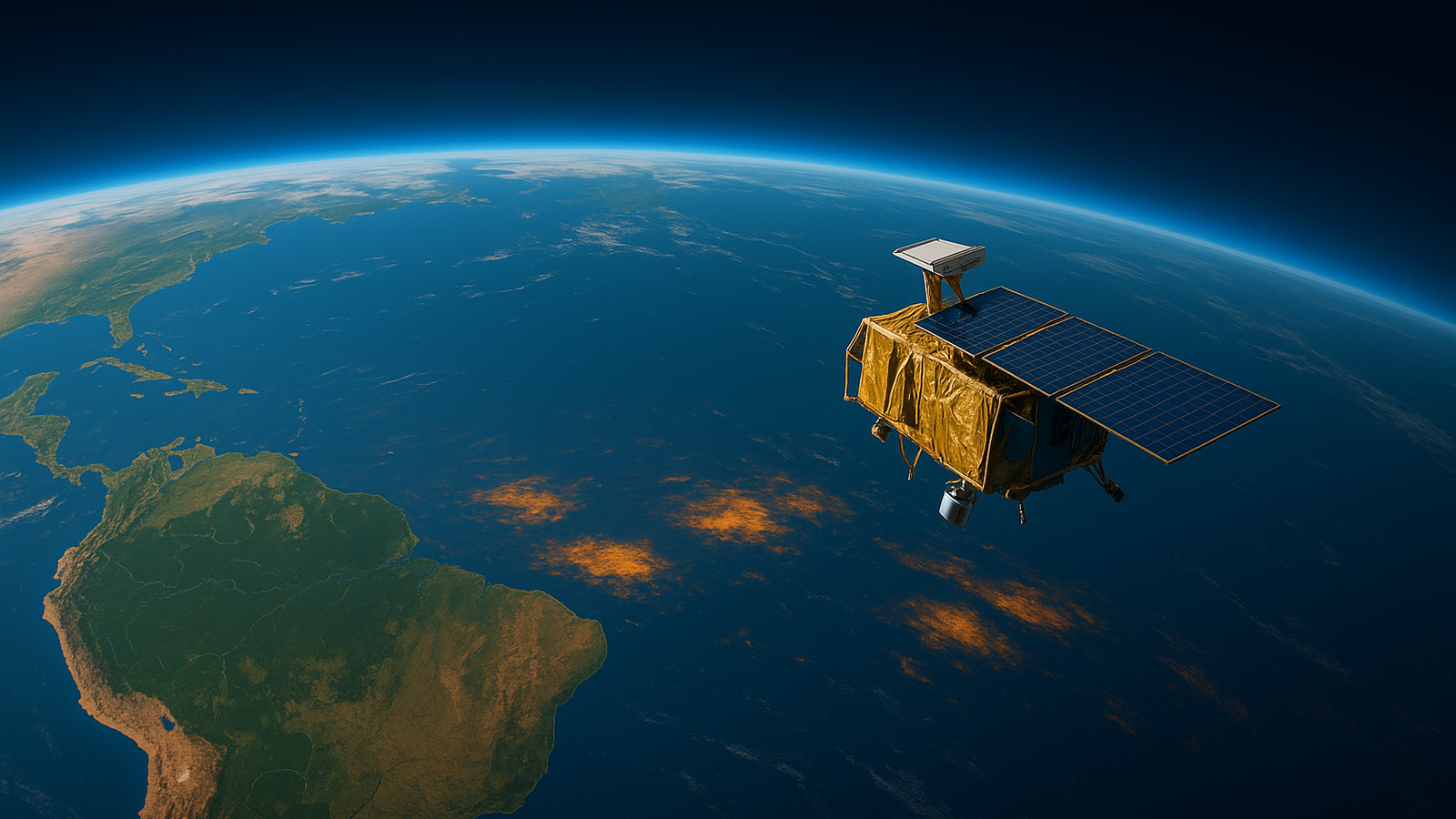 Ilustracja hero przedstawia Satelita Sentinel-6 nad Pacyfikiem widok w minimalistycznej, klarownej formie redakcyjnej.
