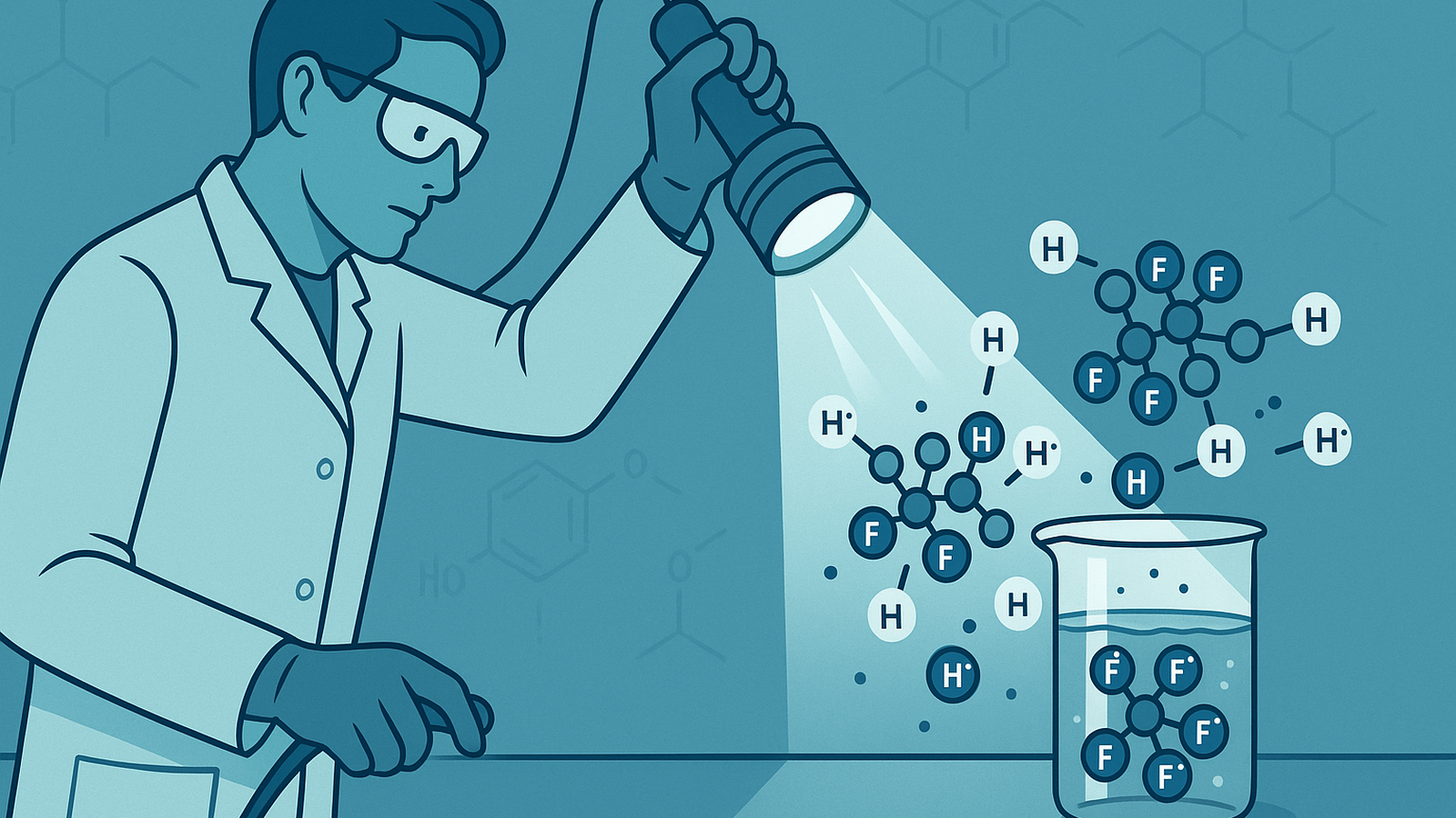 Ilustracja hero przedstawia Scientific illustration scientist in lab w minimalistycznej, klarownej formie redakcyjnej.