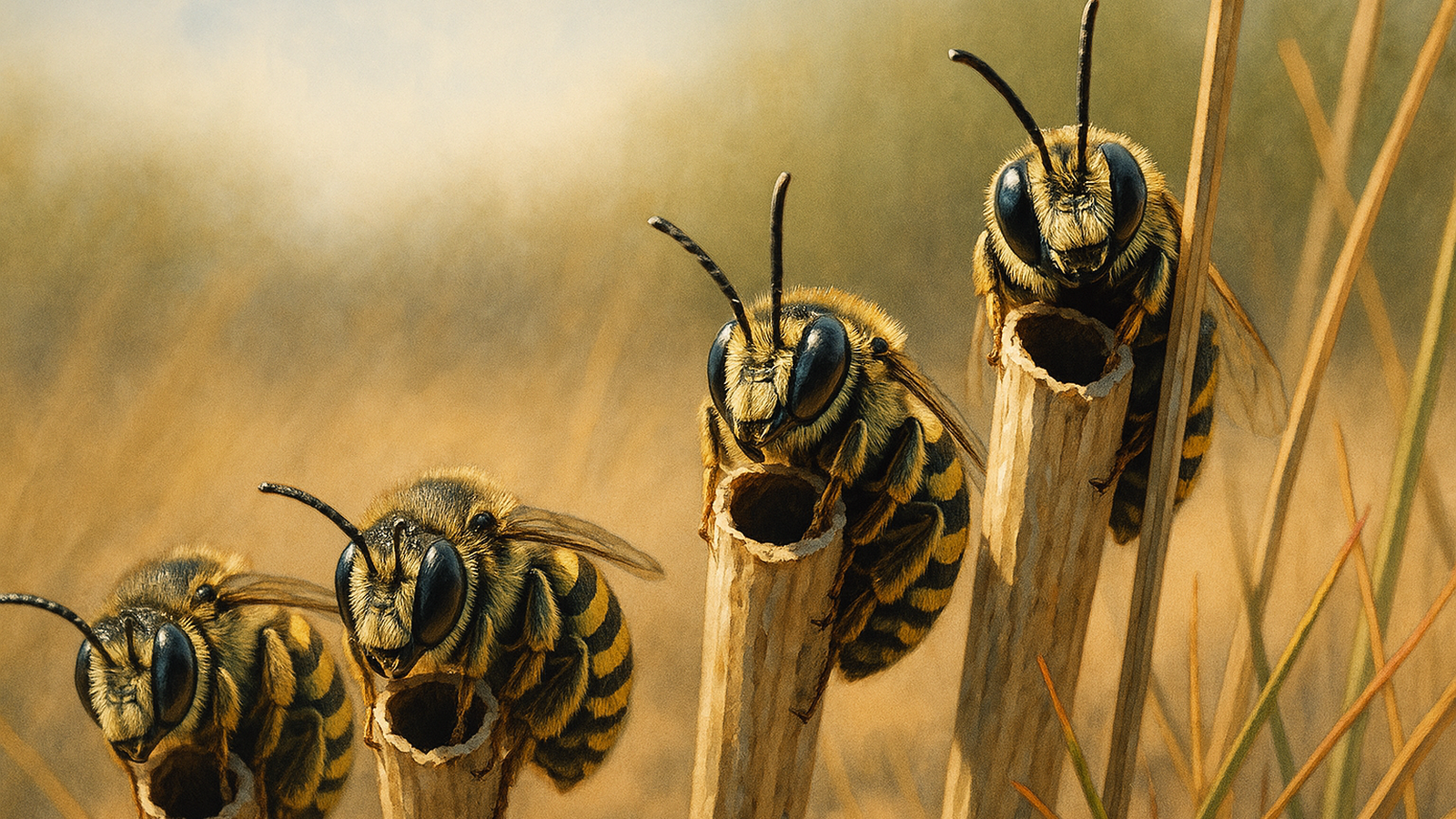Ilustracja hero przedstawia Close-up of native bees nesting w minimalistycznej, klarownej formie redakcyjnej.