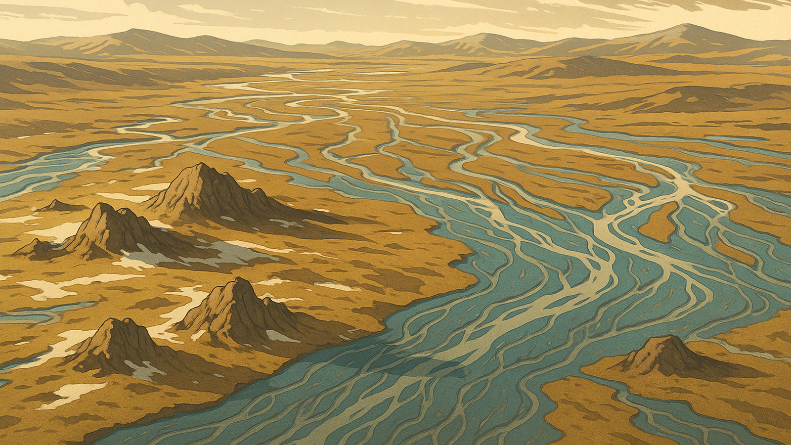 Ilustracja hero przedstawia Aerial view of thawing permafrost w minimalistycznej, klarownej formie redakcyjnej.