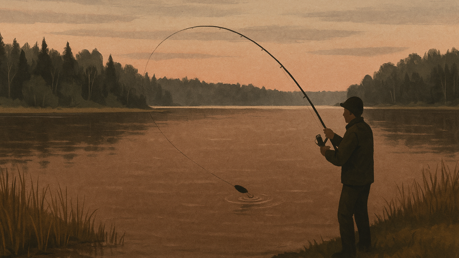Ilustracja hero przedstawia A lakeside scene at dusk w minimalistycznej, klarownej formie redakcyjnej.