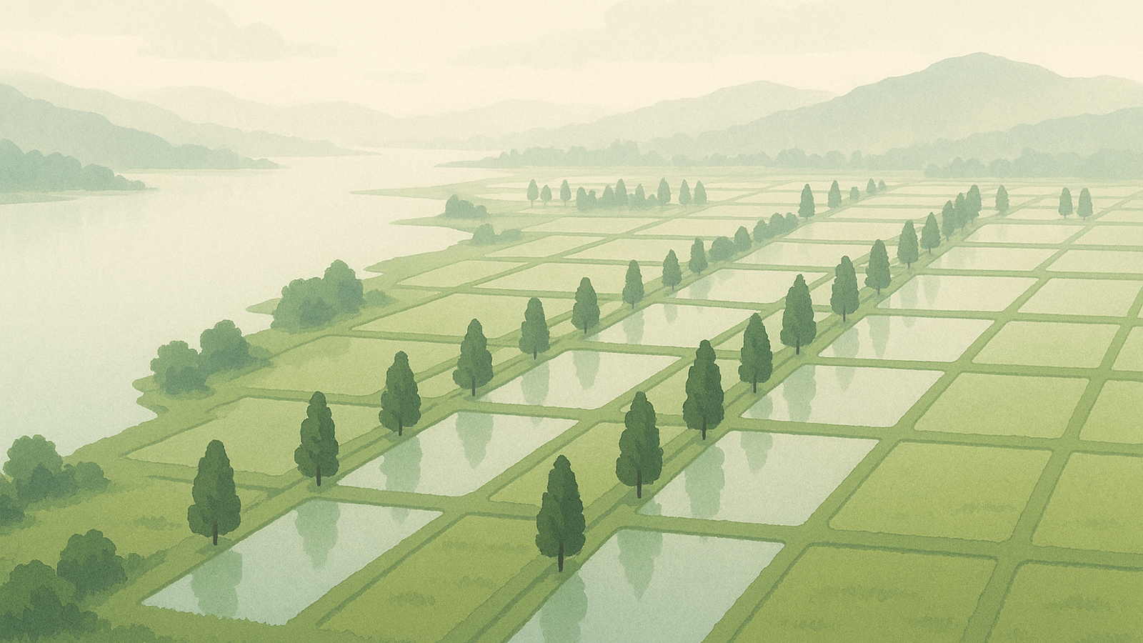 Ilustracja hero przedstawia Aerial view of rice paddies w minimalistycznej, klarownej formie redakcyjnej.