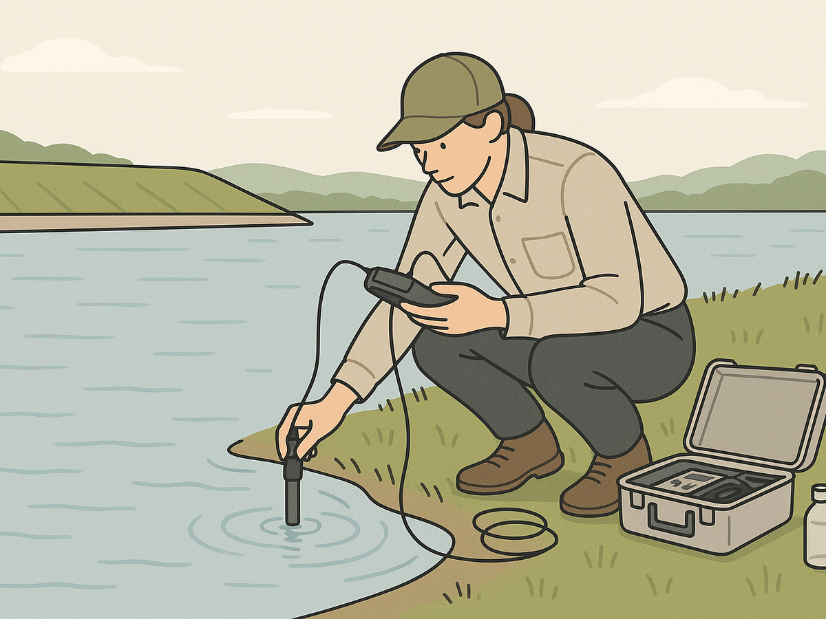 Ilustracja sekcji 3 pokazuje Hydrologist in field taking dissolved i najwazniejsze zaleznosci tematu.