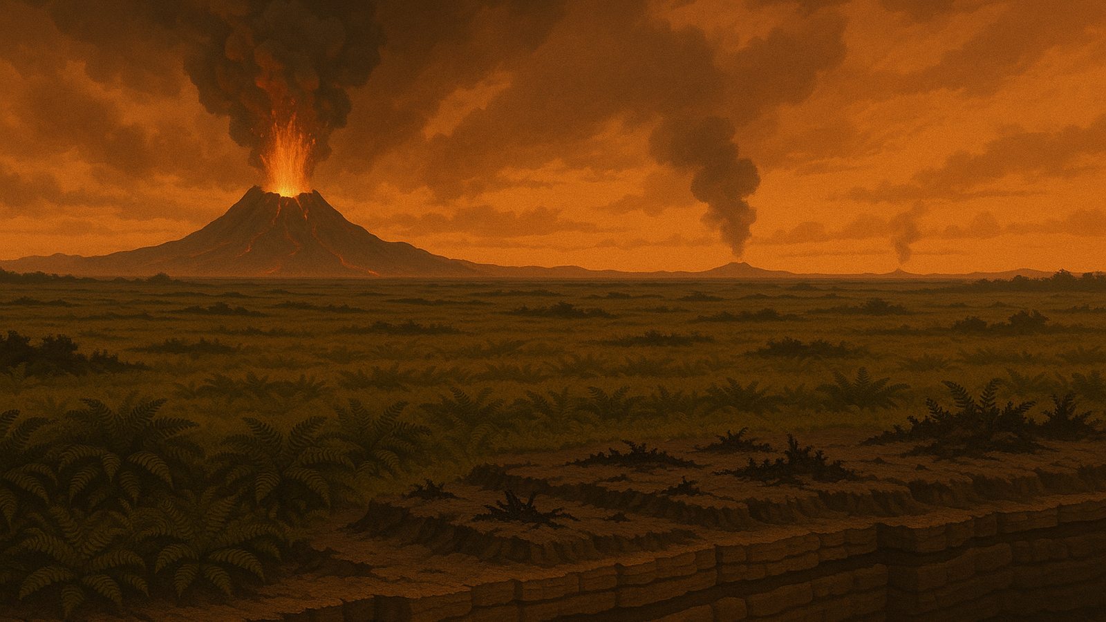 Ilustracja hero przedstawia A dramatic prehistoric landscape in w minimalistycznej, klarownej formie redakcyjnej.