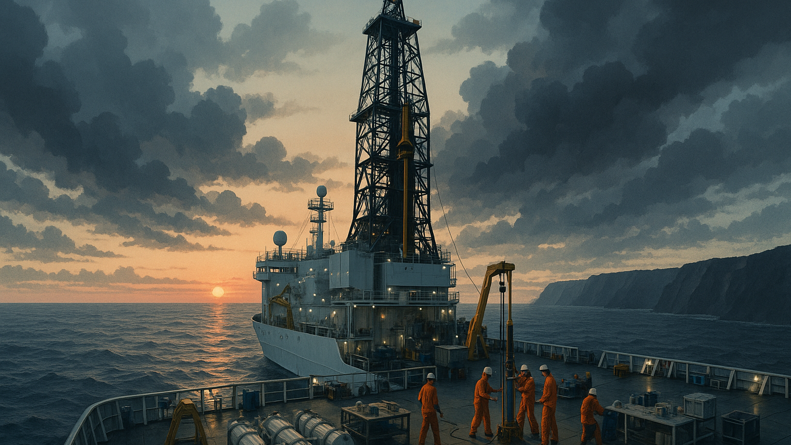 Ilustracja hero przedstawia A research vessel Chikyu at w minimalistycznej, klarownej formie redakcyjnej.