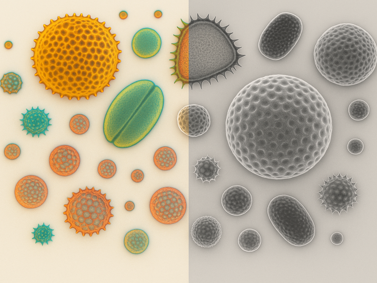 Ilustracja sekcji 1 pokazuje Close-up of fossil pollen and i najwazniejsze zaleznosci tematu.