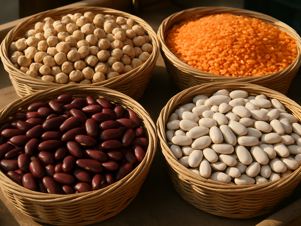 Ilustracja sekcji 1 pokazuje Close-up of legumes beans lentils i najwazniejsze zaleznosci tematu.