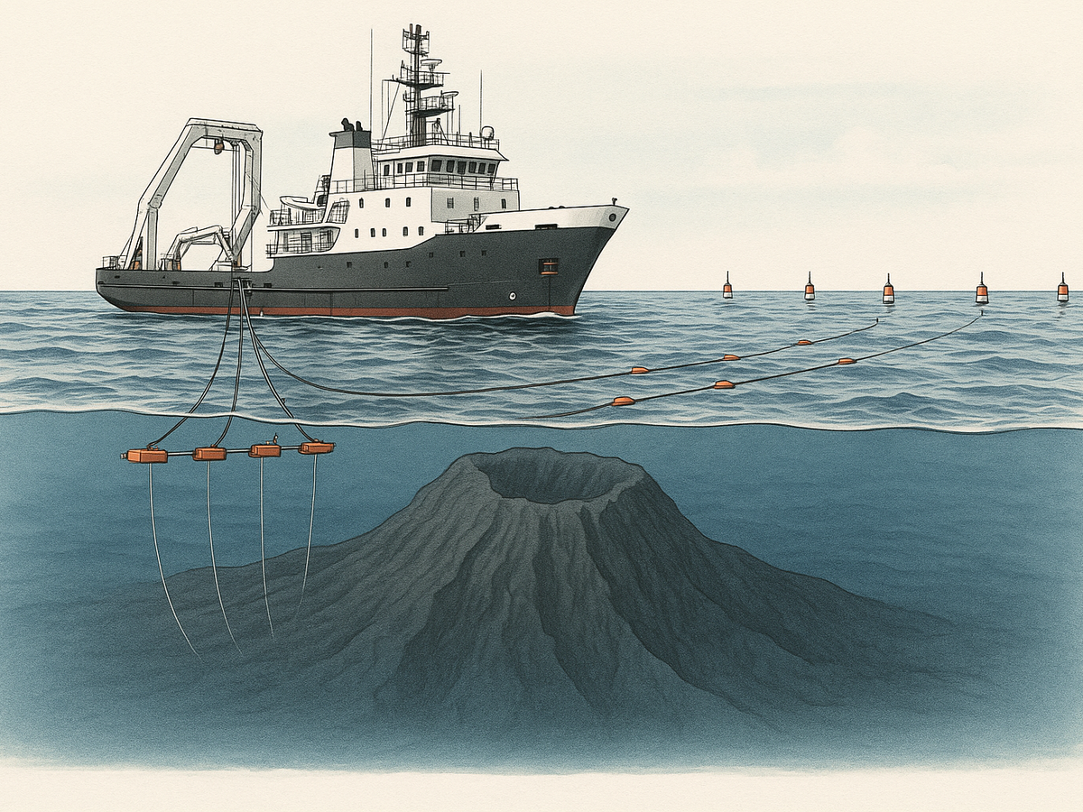 Ilustracja sekcji 1 pokazuje Scientific research vessel deploying airgun i najwazniejsze zaleznosci tematu.