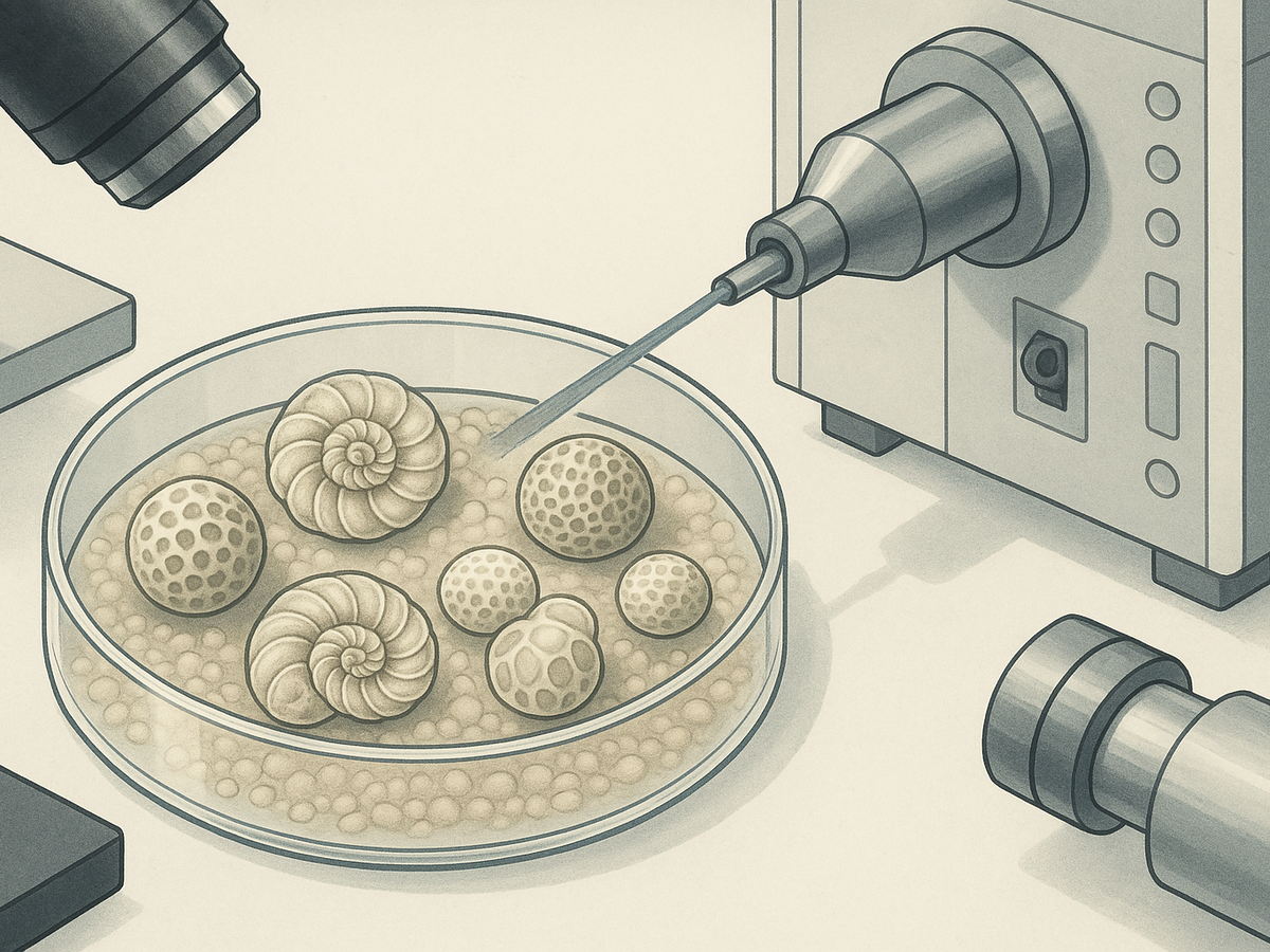 Ilustracja sekcji 1 pokazuje Close-up scientific image of foraminifera i najwazniejsze zaleznosci tematu.