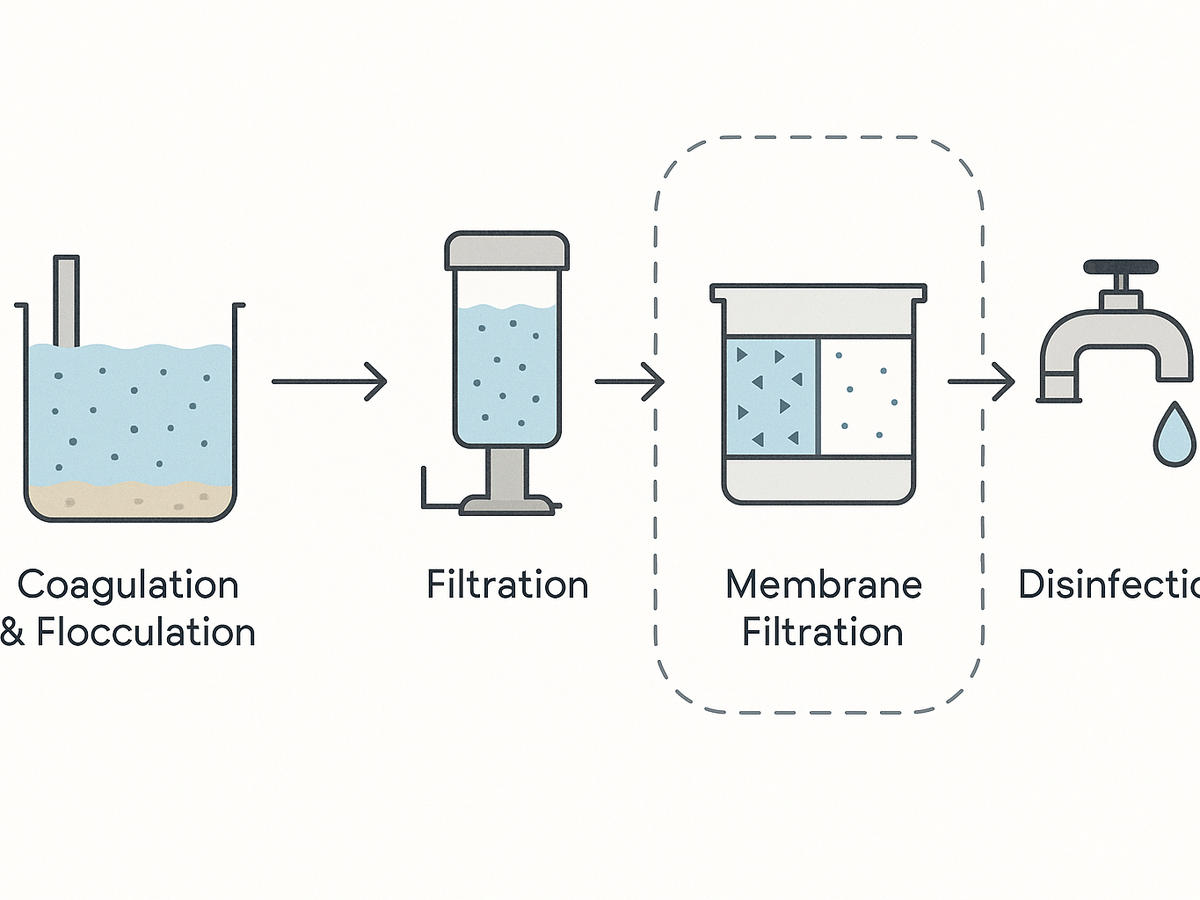 Ilustracja sekcji 2 pokazuje Diagram of water treatment stages i najwazniejsze zaleznosci tematu.