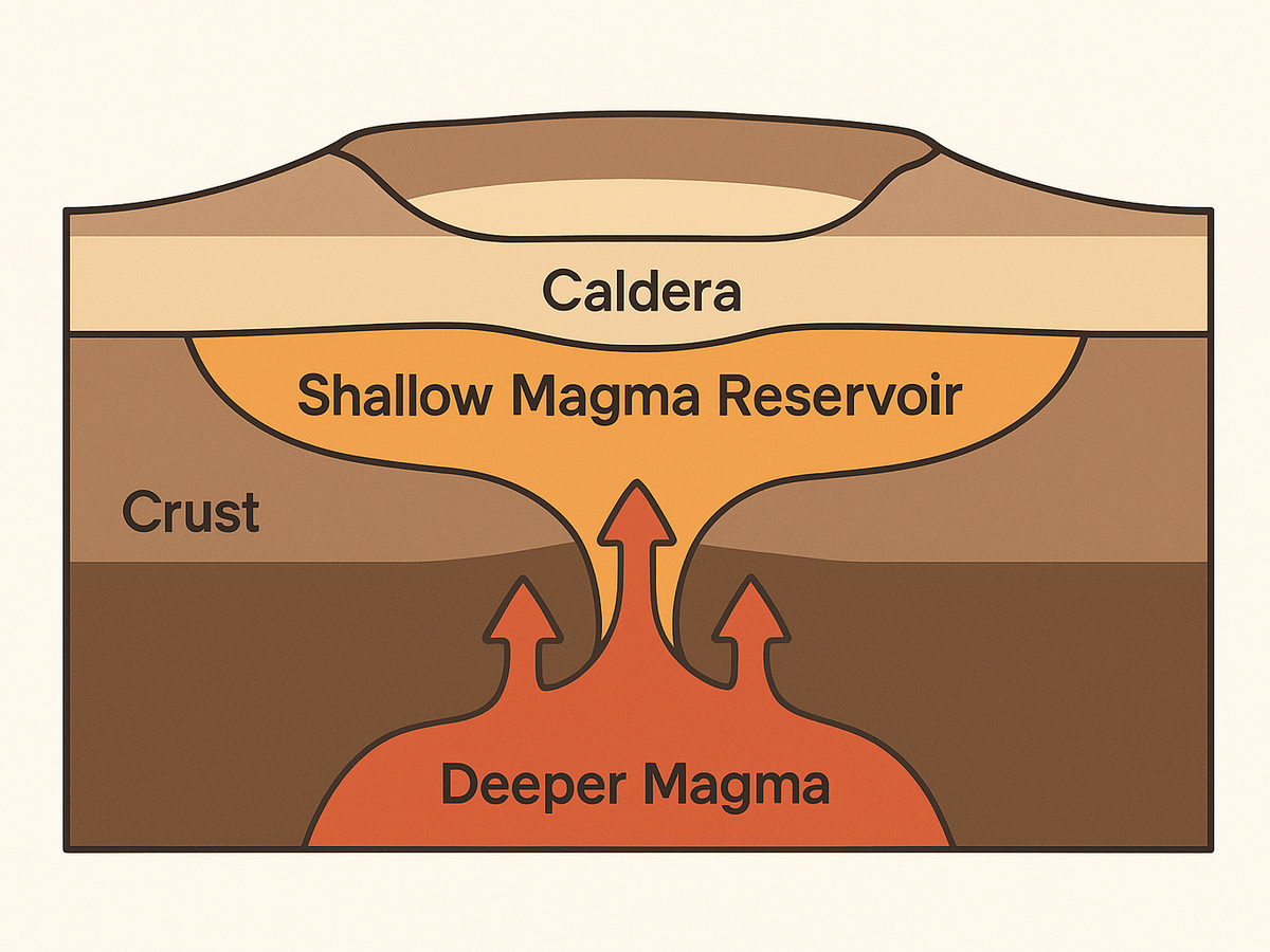 Ilustracja sekcji 2 pokazuje Cross-section illustration of a caldera i najwazniejsze zaleznosci tematu.