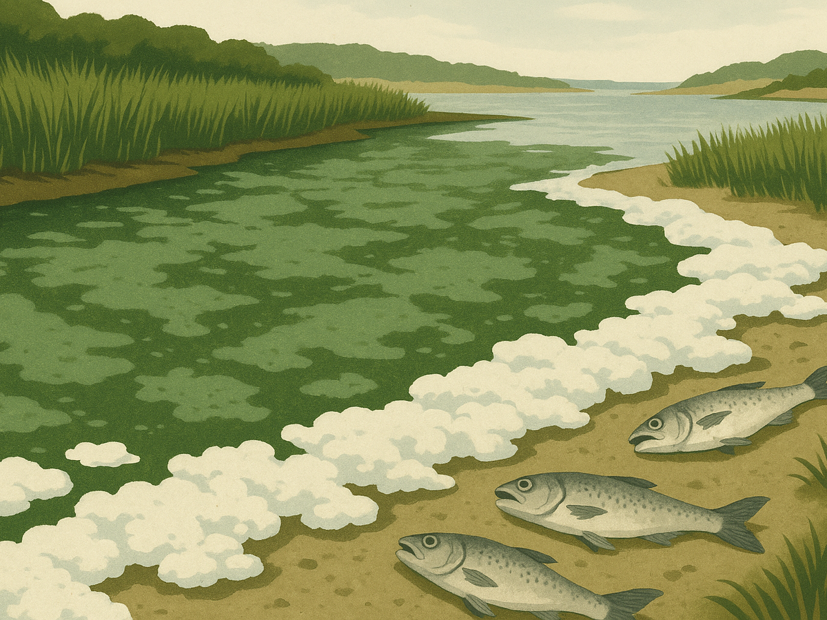 Ilustracja sekcji 3 pokazuje Coastal estuary suffering from algal i najwazniejsze zaleznosci tematu.