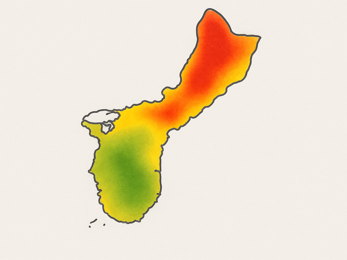 Ilustracja sekcji 3 pokazuje Map of Guam with heatmap i najwazniejsze zaleznosci tematu.