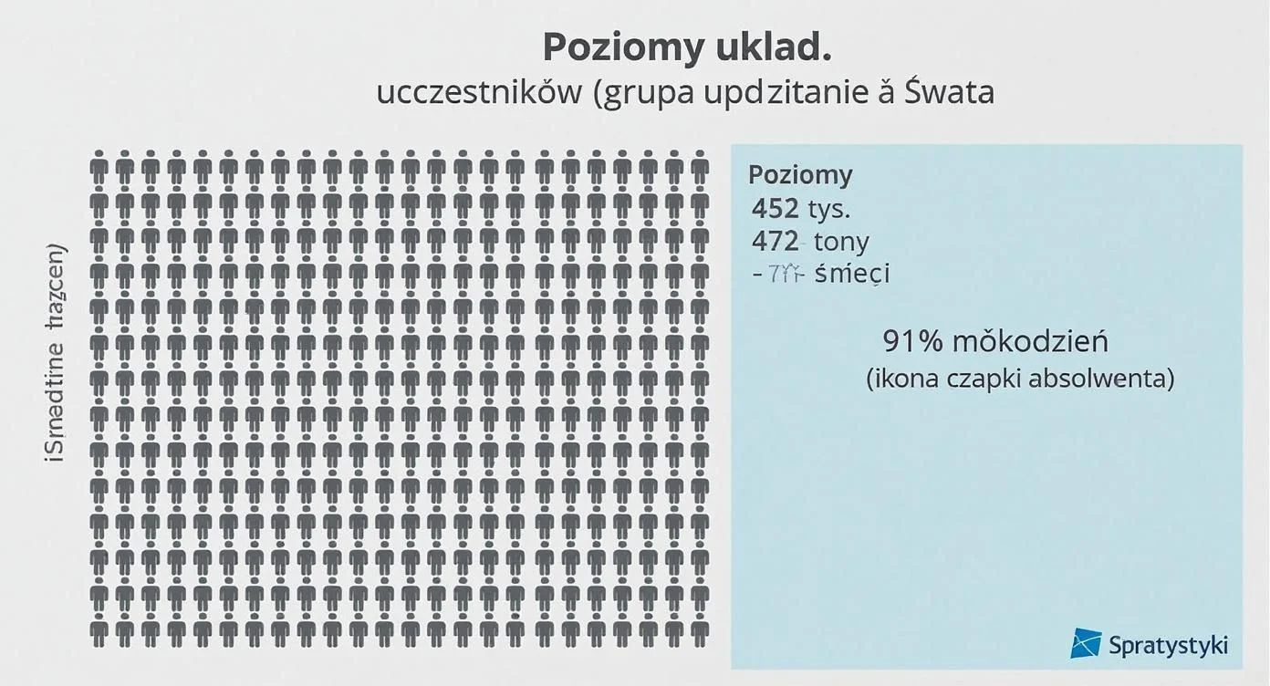 Infografika przedstawiająca statystyki akcji Sprzątanie Świata: 452 tys. uczestników, 472 tony zebranych śmieci, 91% uczestników to młodzież.