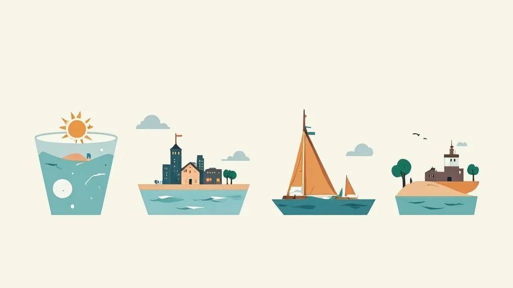 Ilustracja przedstawiająca cztery sceny morskie z miastami, łodzią żaglową i krajobrazami symbolizujące zrównoważone środowisko