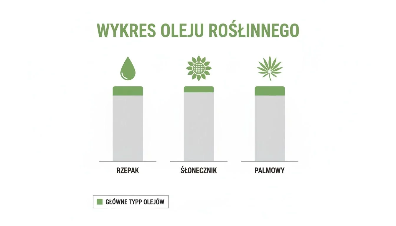 Wykres przedstawiający trzy główne rodzaje olejów roślinnych: rzepakowy, słonecznikowy i palmowy, z ikonami.