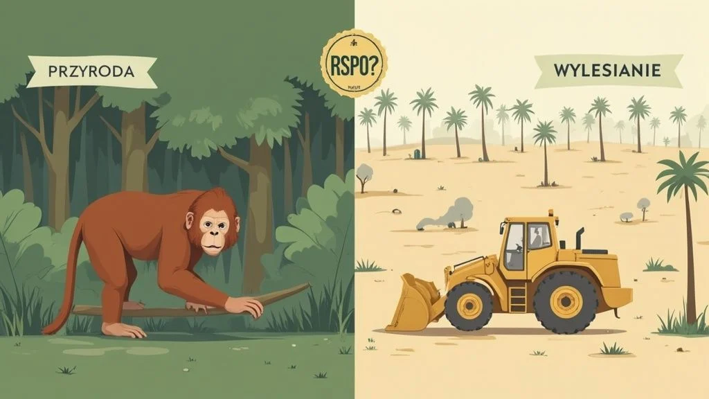 Obraz przedstawiający kontrast między dziką naturą z orangutanem w lesie a wylesianiem pod uprawę palm olejowych z buldożerem.