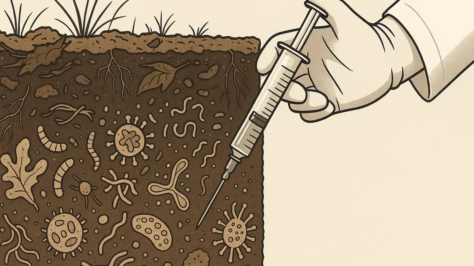 Ilustracja hero przedstawia Close-up of diverse soil profile w minimalistycznej, klarownej formie redakcyjnej.