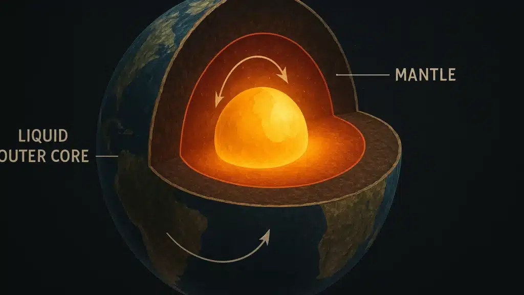Ilustracja hero przedstawia Cross-sectional scientific illustration of Earth w minimalistycznej, klarownej formie redakcyjnej.