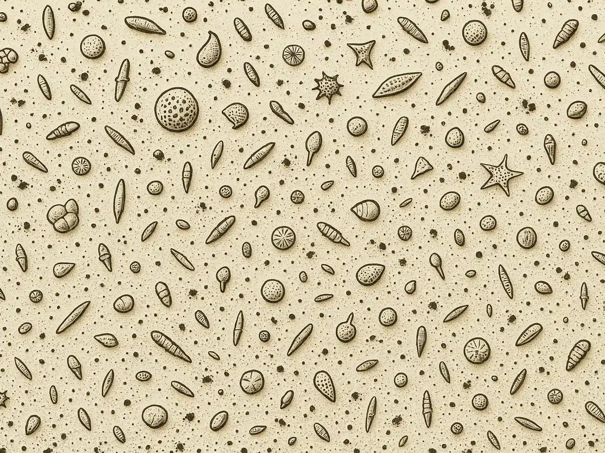 Ilustracja sekcji 1 pokazuje Microscopic view of organic residue i najwazniejsze zaleznosci tematu.