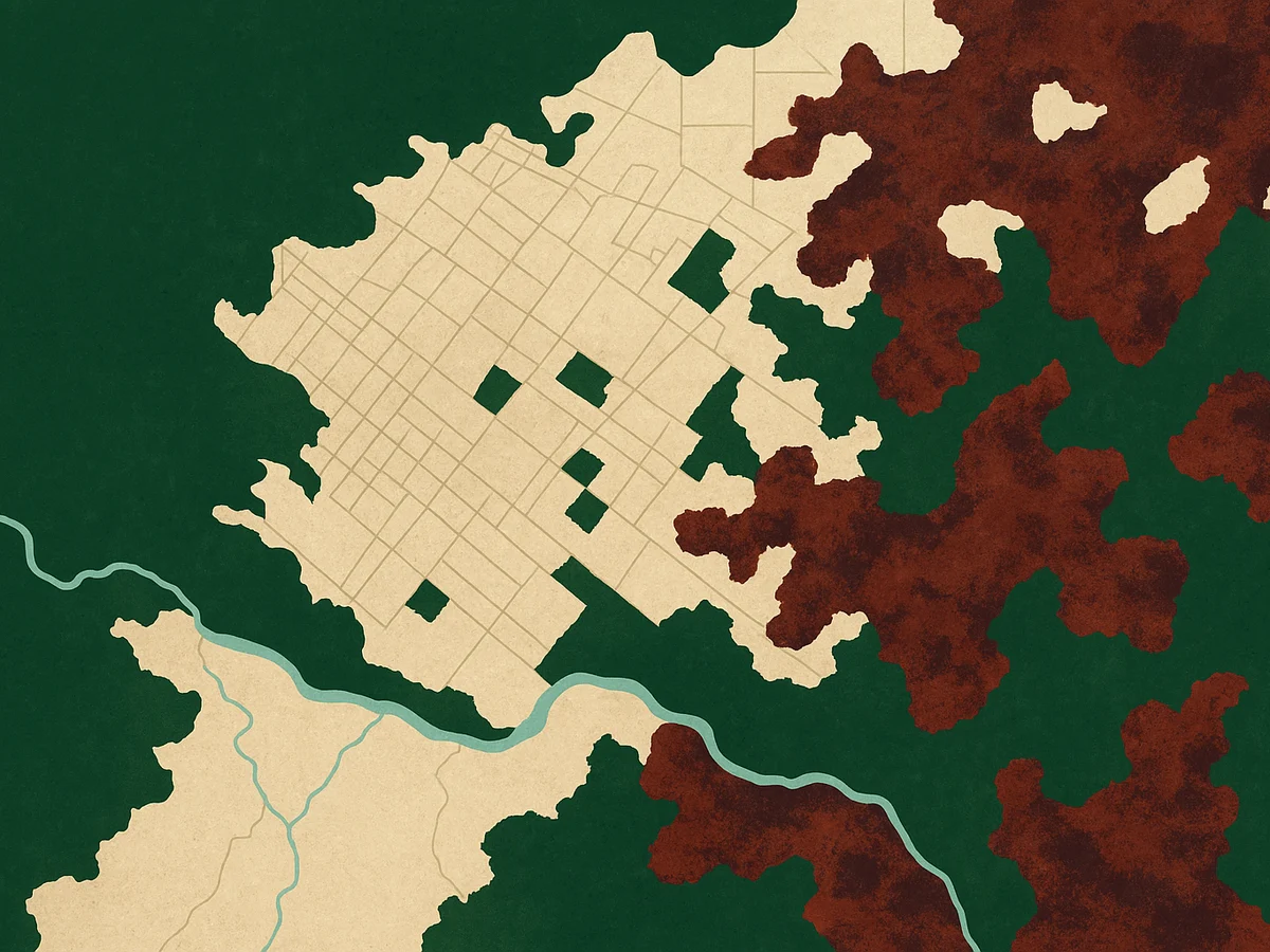 Ilustracja sekcji 2 pokazuje Satellite imagery composite showing deforestation i najwazniejsze zaleznosci tematu.