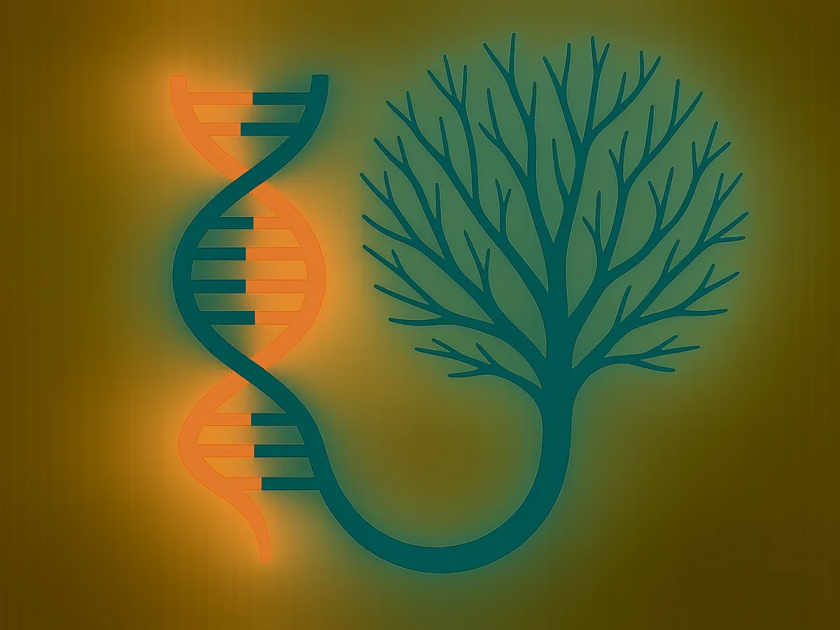 Ilustracja sekcji 2 pokazuje Stylized genome double-helix morphing into i najwazniejsze zaleznosci tematu.