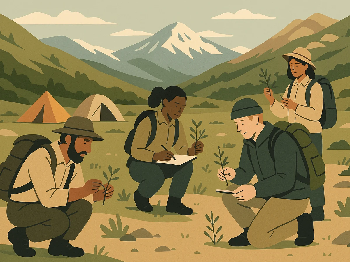 Ilustracja sekcji 2 pokazuje Field researchers in mountainous terrain i najwazniejsze zaleznosci tematu.