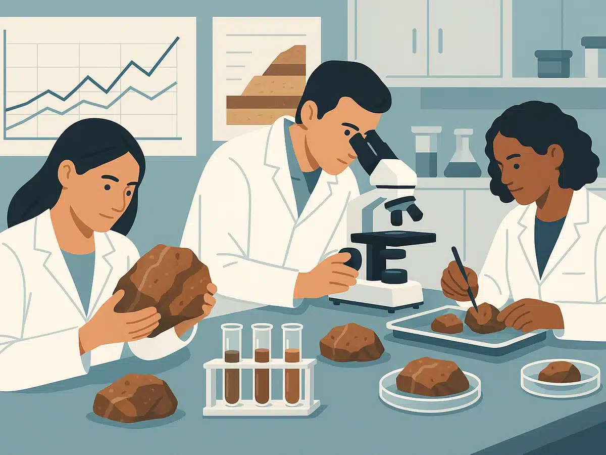 Ilustracja sekcji 2 pokazuje Geochemical lab scene with researchers i najwazniejsze zaleznosci tematu.
