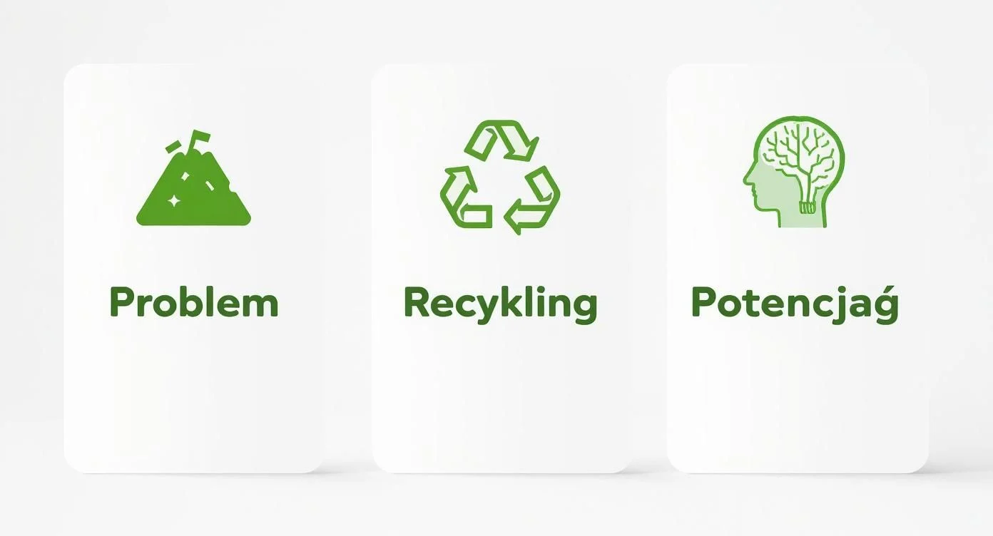 Infografika podsumowująca problem odpadów, proces recyklingu i potencjał surowców wtórnych
