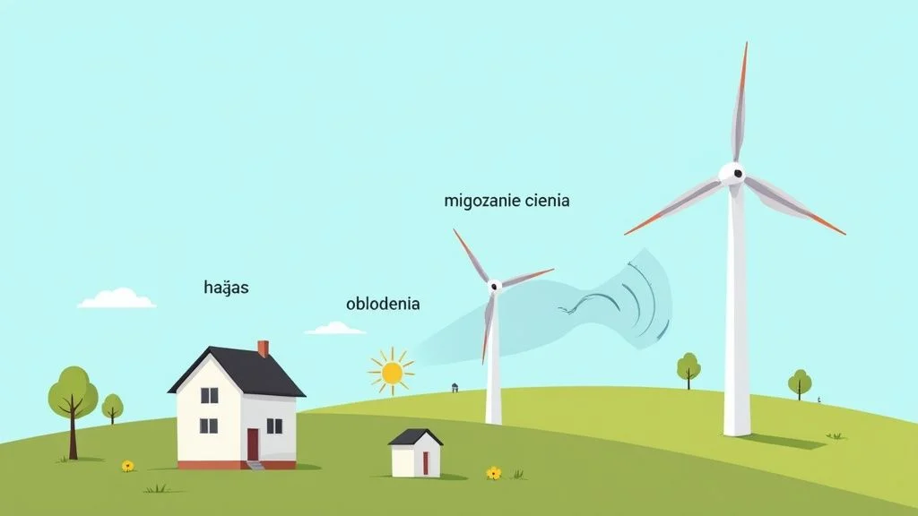 Ilustracja przedstawiająca krajobraz z domami i turbinami wiatrowymi, podkreślająca problemy takie jak hałas, oblodzenie i migotanie cienia.