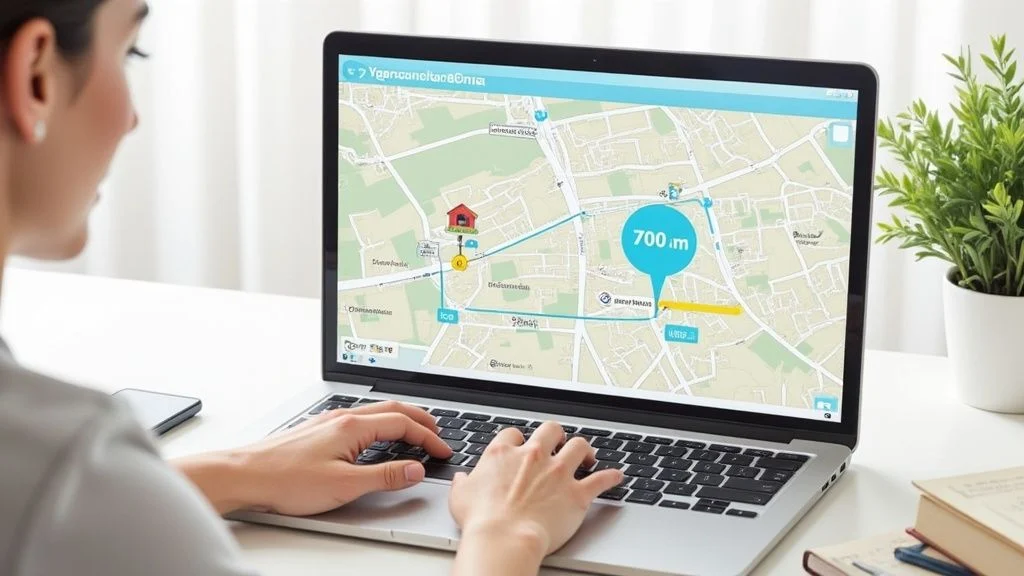 Kobieta patrzy na ekran laptopa, na którym wyświetlana jest mapa z trasą i odległością 700 metrów.