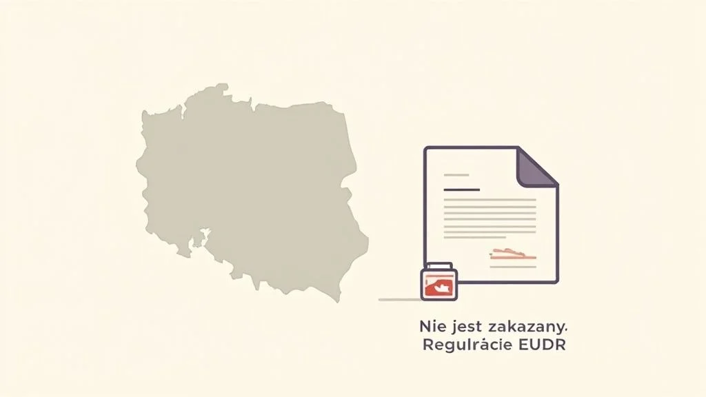 Grafika: Mapa Polski obok dokumentu z tekstem 'Nie jest zakazany. Regulacje EUDR' i ikoną produktu.