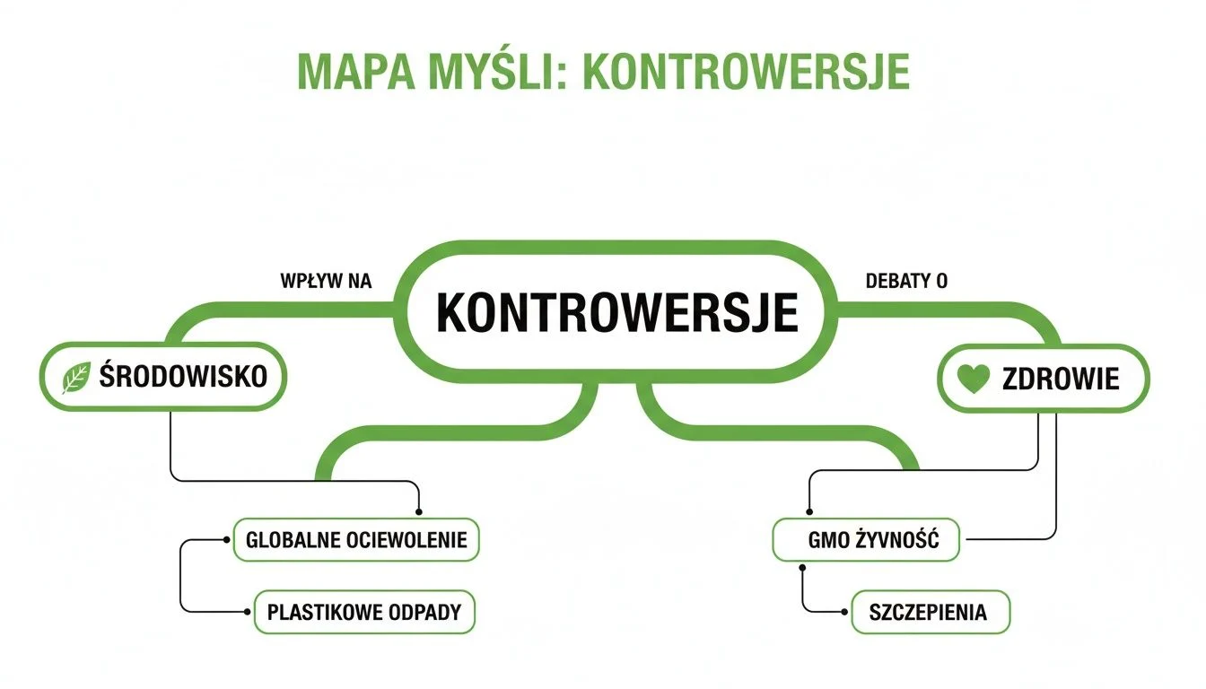 Mapa myśli prezentująca kontrowersje dotyczące środowiska (globalne ocieplenie, odpady plastikowe) oraz zdrowia (żywność GMO, szczepienia).