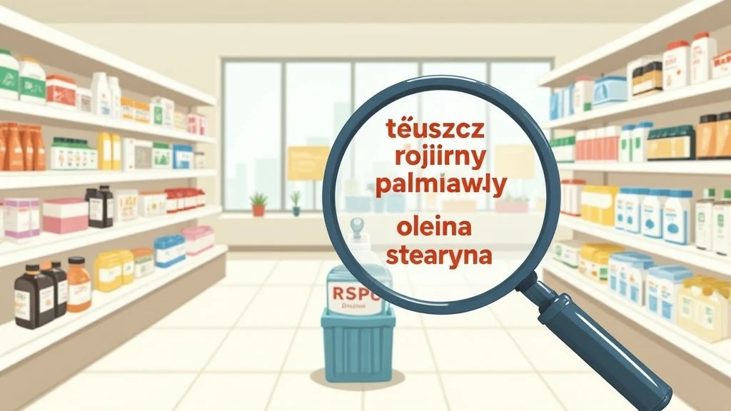Lupa w sklepie spożywczym powiększa nazwy składników: tłuszcz palmowy, oleina, stearyna. Szukaj ukrytego oleju palmowego.