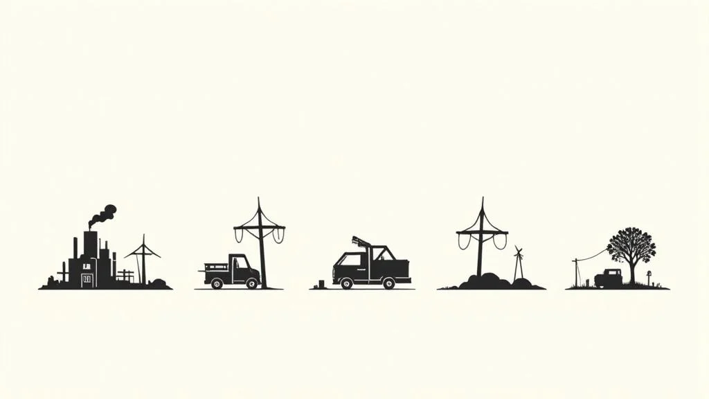 Ilustracja przedstawiająca źródła emisji CO2: fabryki, transport i transformację w kierunku energii odnawialnej z drzewami