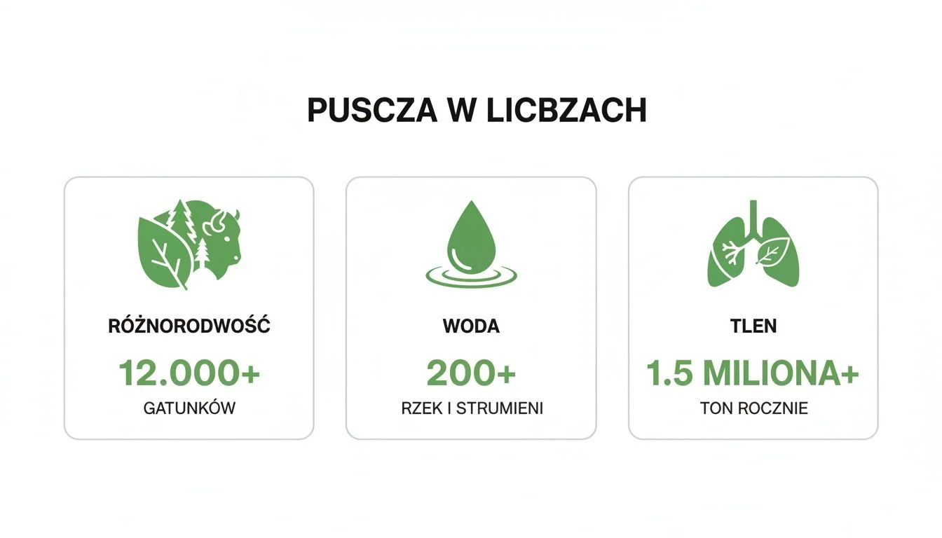 Infografika przedstawiająca dane o Puszczy: różnorodność ponad 12 000 gatunków, ponad 200 rzek i strumieni, oraz ponad 1.5 miliona ton tlenu rocznie.