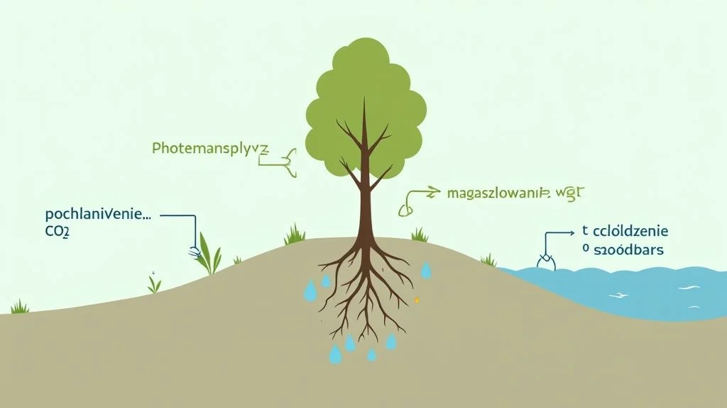 Ilustracja przedstawiająca drzewo, jego korzenie w ziemi oraz procesy pochłaniania CO2 i magazynowania węgla, z uwzględnieniem wody.