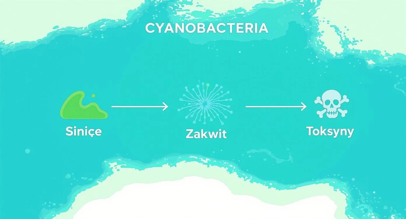Infografika przedstawiająca cykl sinic: od bakterii, przez zakwit, do toksyn, z napisem 'CYANOBACTERIA'.