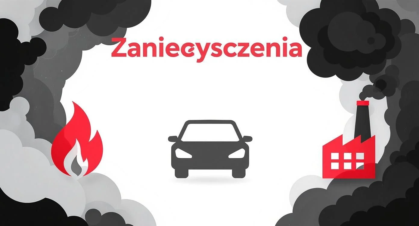 Infografika pokazująca źródła zanieczyszczenia powietrza: ogień, samochód i fabryka z dymem w tle