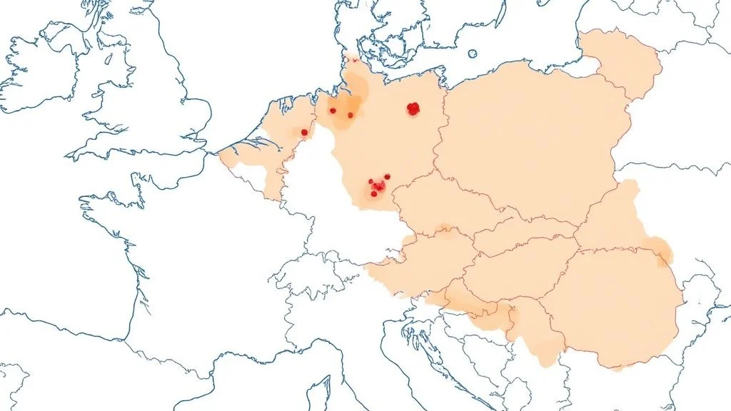 Mapa Europy przedstawiająca rozmieszczenie zanieczyszczeń powietrza z zaznaczonymi czerwonymi punktami w Niemczech