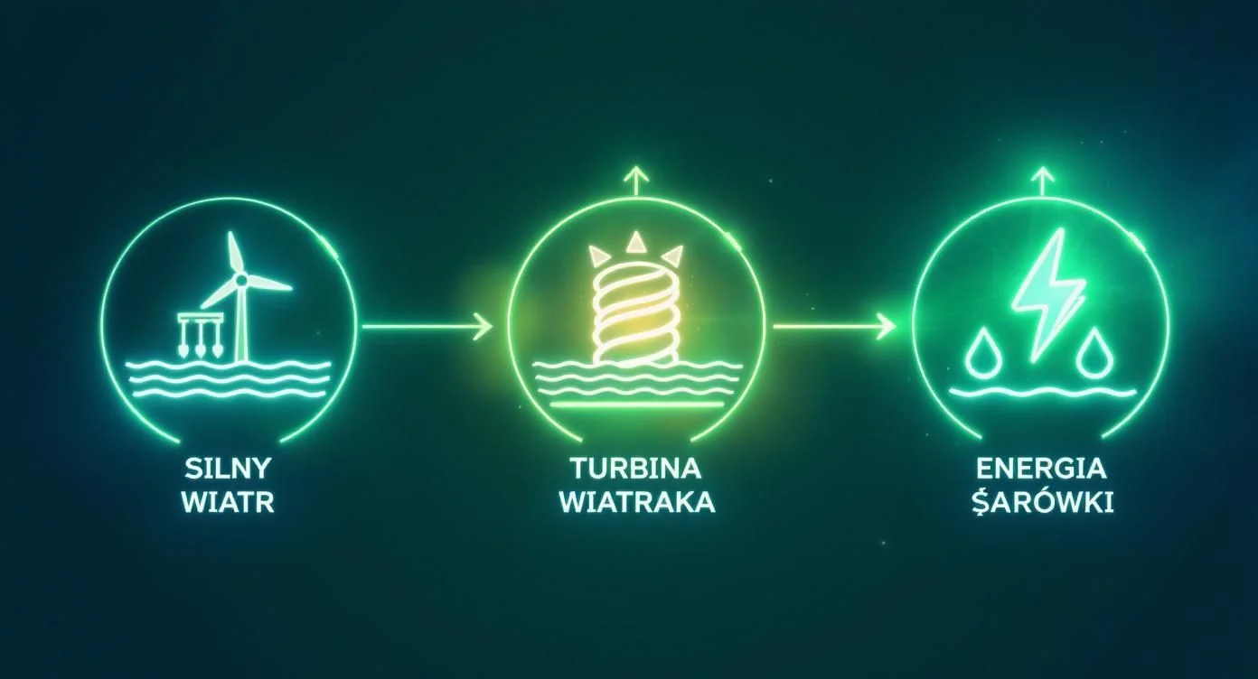 Diagram przedstawiający proces wytwarzania energii elektrycznej z silnego wiatru morskiego przez turbinę wiatrową.