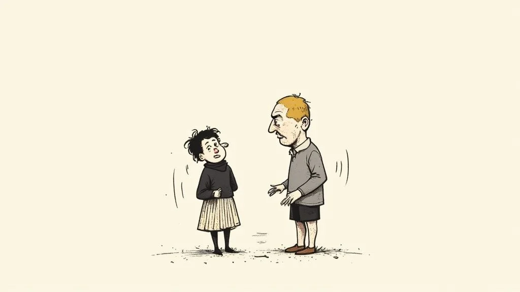 Rysunek przedstawiający dorosłego mężczyznę z blond włosami i dużą miną rozmawiającego z młodą osobą o ciemnych włosach.