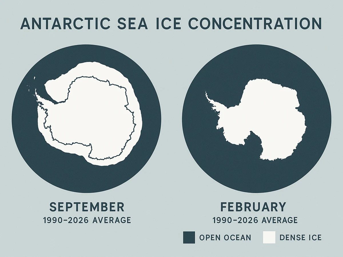 Ilustracja sekcji 1 pokazuje Comparison map of Antarctic sea i najwazniejsze zaleznosci tematu.