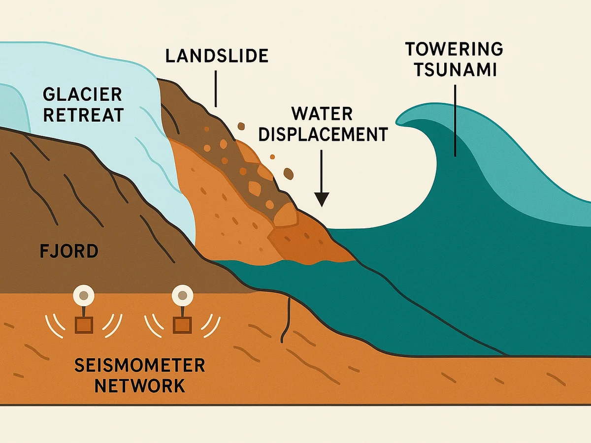 Ilustracja sekcji 1 pokazuje Diagram-style illustration of a landslide i najwazniejsze zaleznosci tematu.