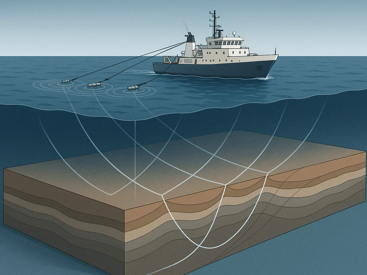 Ilustracja sekcji 1 pokazuje Seismic survey vessel deploying airgun i najwazniejsze zaleznosci tematu.