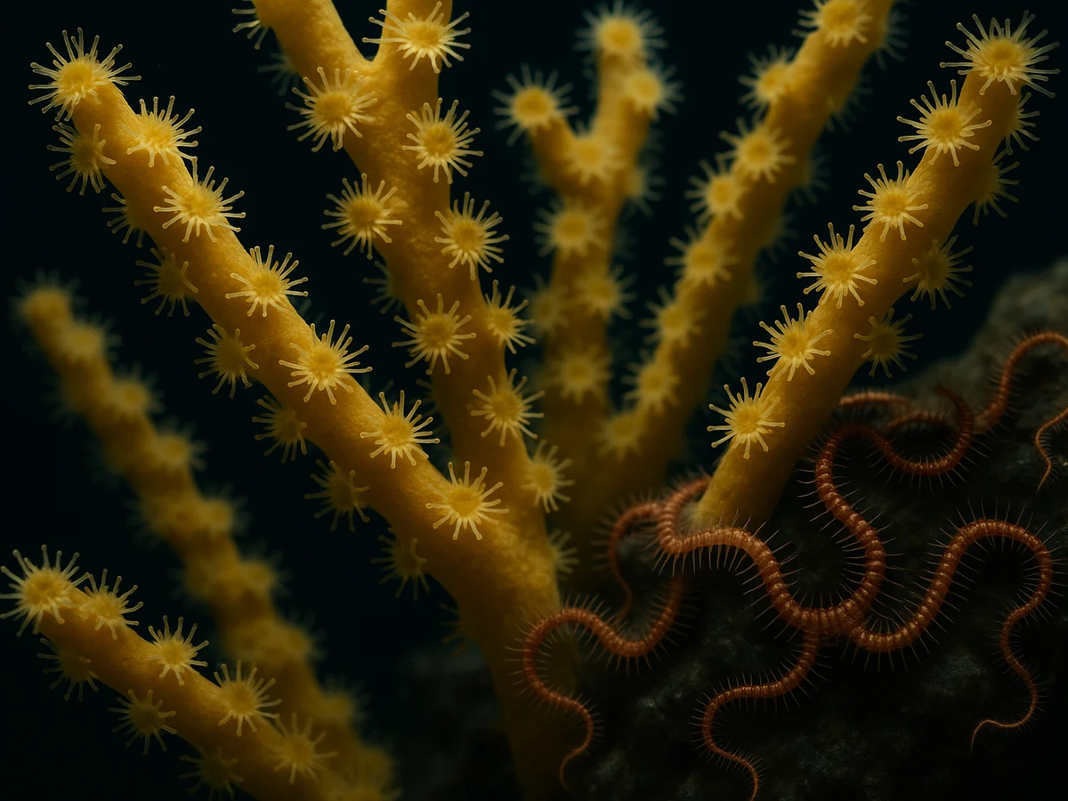 Ilustracja sekcji 1 pokazuje Close-up of branching yellow coral i najwazniejsze zaleznosci tematu.